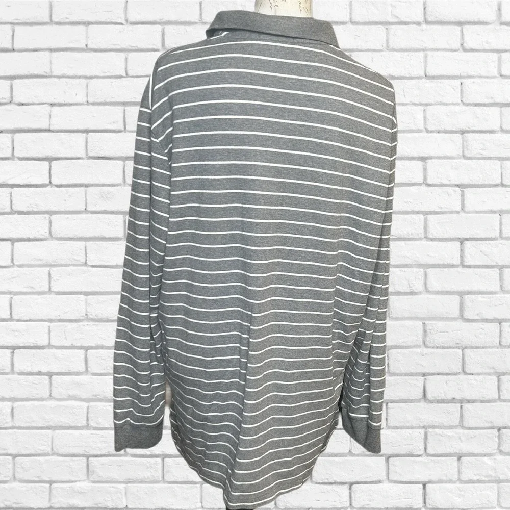 Polo Ralph Lauren Mens XXL Grey White Striped Long Sleeve Polo Shirt 100% Cotton